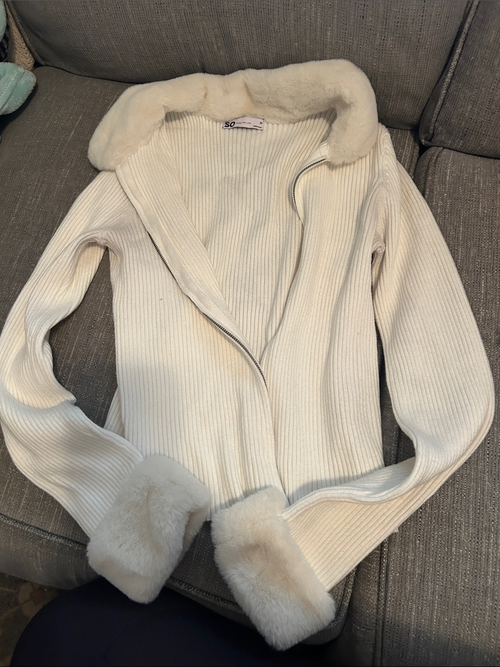 SO Cream Ribbed Cardigan with Faux Fur Collar & Cuffs
